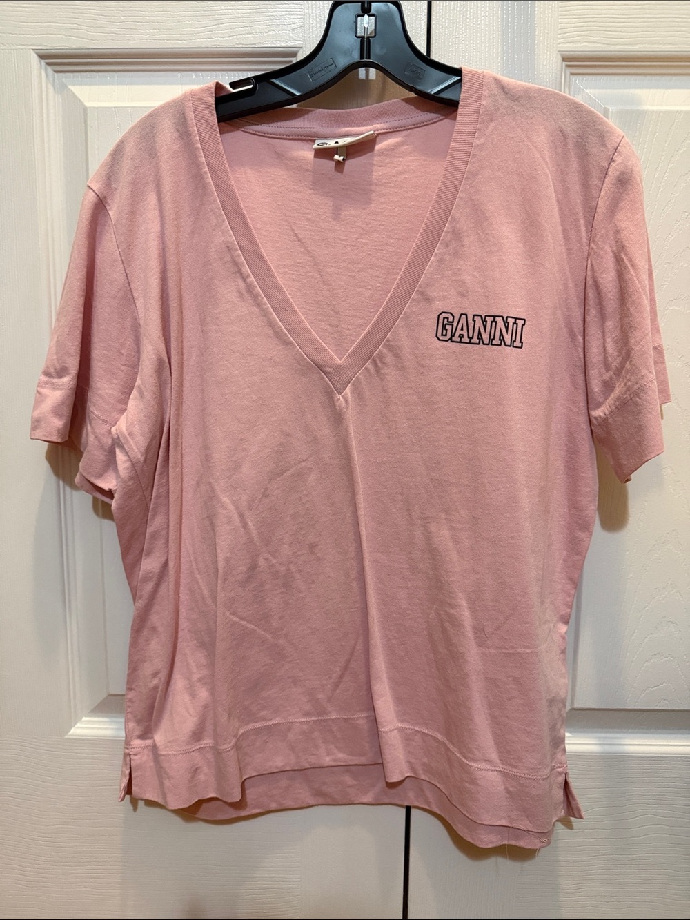 Ganni Soft Pink V-Neck Short Sleeve Tee